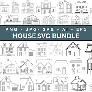 Op de afbeelding: Een verzameling lijntekeningen van huizen in verschillende stijlen. De afbeelding bevat een banner met de tekst "PNG - JPG - SVG - AI - EPS HOUSE SVG BUNDLE".