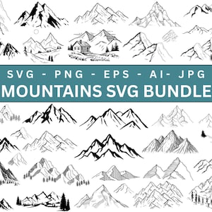 Puede incluir: Una colección de ilustraciones de montañas en blanco y negro en varios estilos. La imagen incluye una pancarta turquesa con el texto "SVG - PNG - EPS - AI - JPG MOUNTAINS SVG BUNDLE". Las montañas se representan con diferentes niveles de detalle.