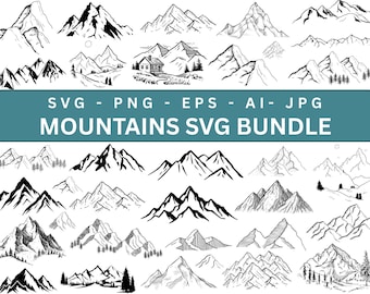 Pacchetto montagne Svg, albero della foresta Svg, file montagne per Cricut, montagna disegnata a mano, silhouette, download istantaneo