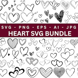 Puede incluir: Una colección de ilustraciones de corazones dibujados a mano en varios estilos, incluyendo diseños sólidos, delineados y texturizados. La imagen incluye el texto "HEART SVG BUNDLE" en un rectángulo granate, con indicadores de tipo de archivo.