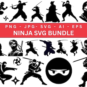 May include: A collection of ninja-themed SVG graphics in black and white. The images include ninja silhouettes in various action poses, ninja masks, throwing stars, and the text "NINJA SVG BUNDLE" in a red banner.