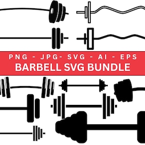 May include: A collection of black barbell and dumbbell designs in various styles. The image includes straight and curved barbells, and dumbbells with different weight plate configurations. The text "BARBELL SVG BUNDLE" is displayed on a red banner.