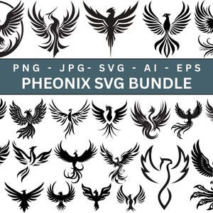 Könnte beinhalten: Eine Sammlung schwarzer Phönix-Designs mit ausgebreiteten Flügeln. Das Bild enthält verschiedene stilisierte Illustrationen des Fabelvogels, geeignet für digitale Kunstprojekte. Der Text oben lautet "PNG - JPG - SVG - AI - EPS". Der Text "PHEONIX SVG BUNDLE" ist ebenfalls enthalten.