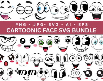 Dessin animé émotion visages SVG, clipart visage dessin animé, silhouette, visage Kawaii SVG, mignons grimaces Svg, téléchargement immédiat