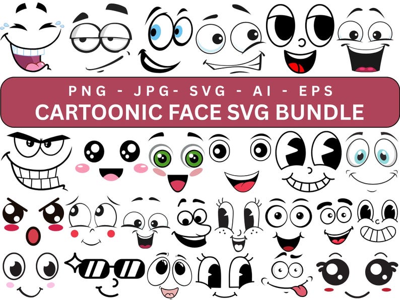 Cartoon Emotion Faces SVG Bundle, Cartoon Face Clipart, Silhouette ...