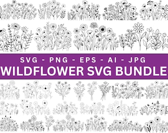 May include: A black and white illustration of various wildflowers and floral arrangements. The image includes the text "WILDFLOWER SVG BUNDLE" in white letters on a purple background, with file type abbreviations above.