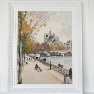 Notre Dame de Paris Oil Painting Print - Autumn Riverbank Scene, Romantic Parisian Art, Seine River Wall Decor, Vintage-Style