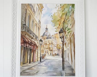 Invalides Straßenszene Aquarelldruck - Romantische Europäische Stadtansicht, Pariser Architektur Wanddekoration, Vintage-Stil Malerei