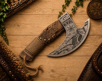 Handgeschmiedete Wikinger Pizzaschneider Axt - Kohlenstoffstahl, Esche-Griff mit Gravur