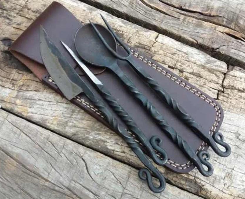Mittelalter-Besteck Set Mit Gabel In Doppellederscheide Holzgriff, 29,50