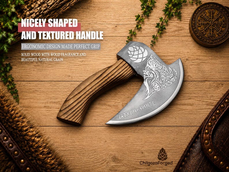 K&ouml;nnte beinhalten: Ein Handbeil mit einem geschwungenen, texturierten Holzgriff und einem Metallkopf, der mit einem Wolfsmotiv, einem Tannenzapfen und Runen graviert ist. Der Text lautet: NICELY SHAPED AND TEXTURED HANDLE, ERGONOMIC DESIGN MADE PERFECT GRIP, SOLID WOOD WITH WOOD FRAGRANCE AND BEAUTIFUL NATURAL GRAIN, sowie ChilgozaForged.