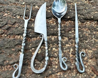 Hand Forged Iron Medieval Cutlery Set: 4 Piece Kitchen Set