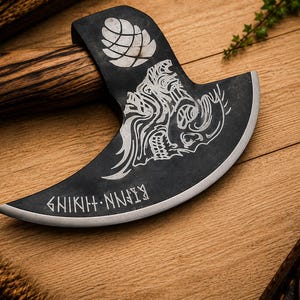 K&ouml;nnte beinhalten: Ein schwarzer Axtkopf aus Metall mit Holzstiel, verziert mit einer Gravur eines Hopfenzapfens, einem stilisierten Totenkopf und Runentext entlang der geschwungenen silbernen Klinge. Der Axtkopf hat eine matte Oberfl&auml;che und eine scharfe Schneide.