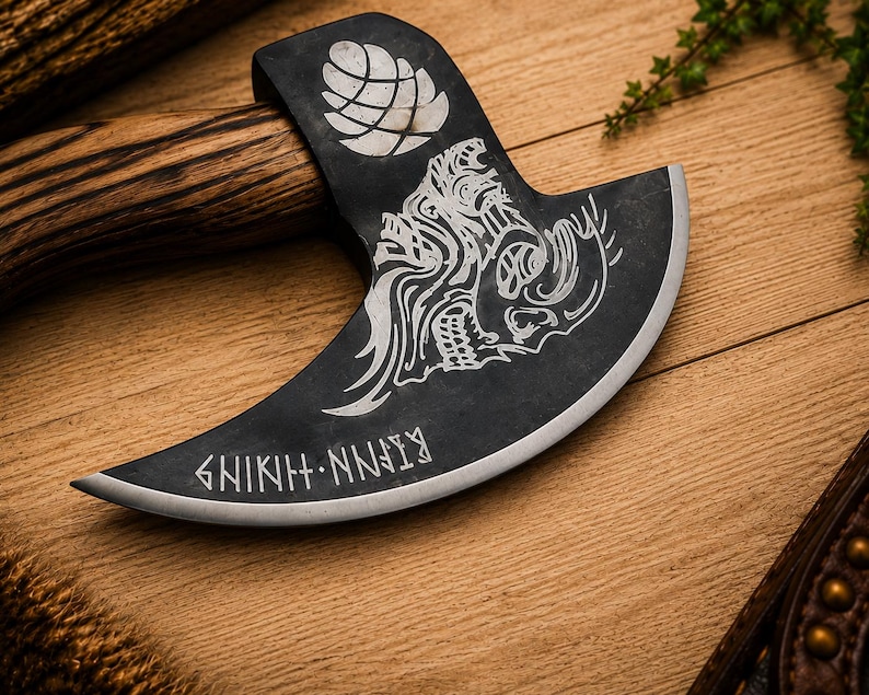 K&ouml;nnte beinhalten: Ein schwarzer Axtkopf aus Metall mit Holzstiel, verziert mit einer Gravur eines Hopfenzapfens, einem stilisierten Totenkopf und Runentext entlang der geschwungenen silbernen Klinge. Der Axtkopf hat eine matte Oberfl&auml;che und eine scharfe Schneide.