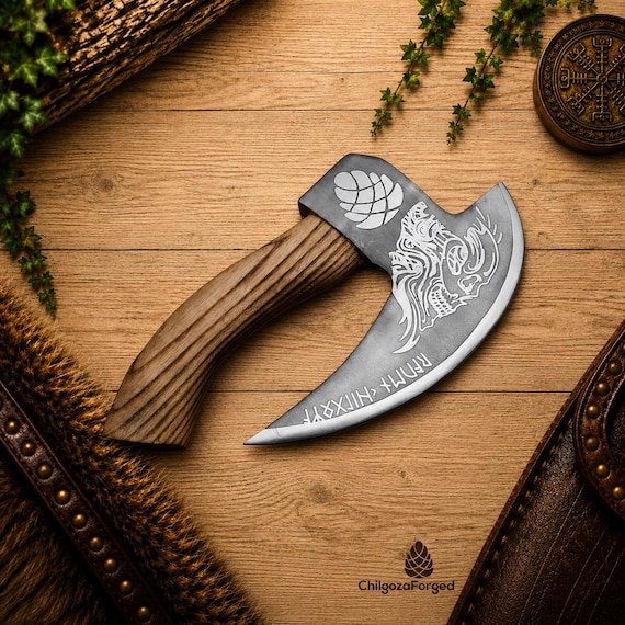 Hand Forged Viking Pizza Cutter Axe – Carbon Steel, Engraved Ash Handle