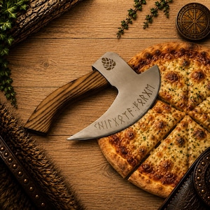 K&ouml;nnte beinhalten: Ein Pizzaschneider aus Metall in Form einer kleinen Axt mit geschwungener Klinge, Holzgriff und Tannenzapfen-Gravur. Die Klinge ist mit Runenzeichen versehen. Er liegt auf einer geschnittenen K&auml;sepizza auf einer Holzoberfl&auml;che.