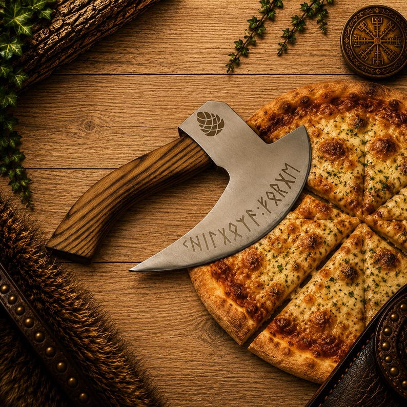 K&ouml;nnte beinhalten: Ein Pizzaschneider aus Metall in Form einer kleinen Axt mit geschwungener Klinge, Holzgriff und Tannenzapfen-Gravur. Die Klinge ist mit Runenzeichen versehen. Er liegt auf einer geschnittenen K&auml;sepizza auf einer Holzoberfl&auml;che.
