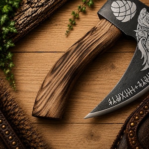 K&ouml;nnte beinhalten: Ein Handbeil mit einem geschwungenen Holzgriff mit ausgepr&auml;gter Maserung und einem schwarzen Metallkopf. Der Axtkopf ist mit einem eingravierten kreisf&ouml;rmigen Emblem und einer Reihe von Runenzeichen entlang der gesch&auml;rften Stahlklinge verziert.