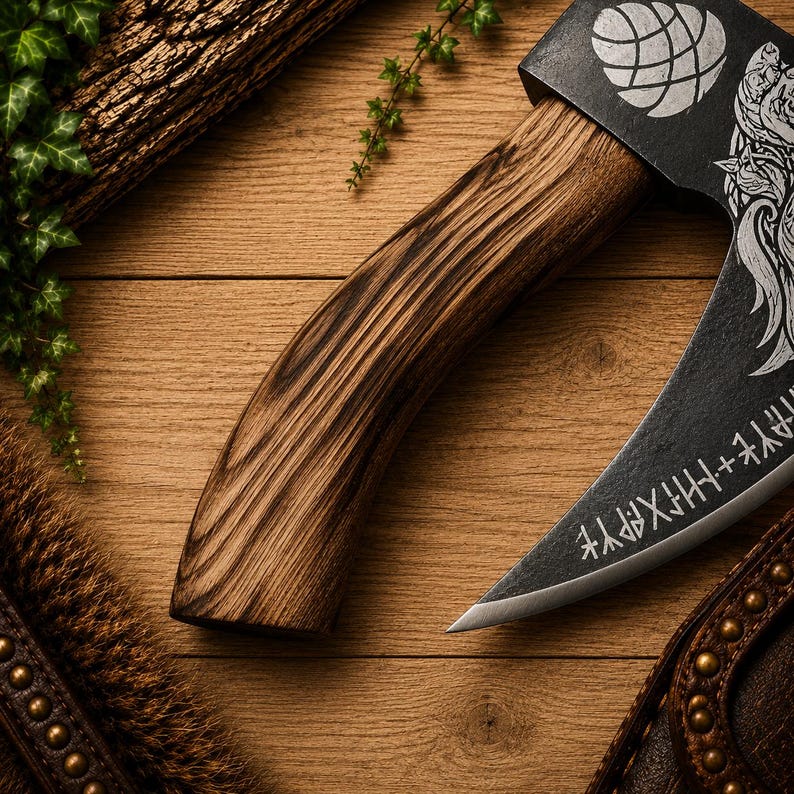 K&ouml;nnte beinhalten: Ein Handbeil mit einem geschwungenen Holzgriff mit ausgepr&auml;gter Maserung und einem schwarzen Metallkopf. Der Axtkopf ist mit einem eingravierten kreisf&ouml;rmigen Emblem und einer Reihe von Runenzeichen entlang der gesch&auml;rften Stahlklinge verziert.