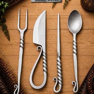 May include: Silver-colored, hand-forged cutlery set featuring a fork, knife, skewer, and spoon. Each piece has a twisted handle design and a decorative curled end. The text "COLOR: SILVER" is displayed above the cutlery.