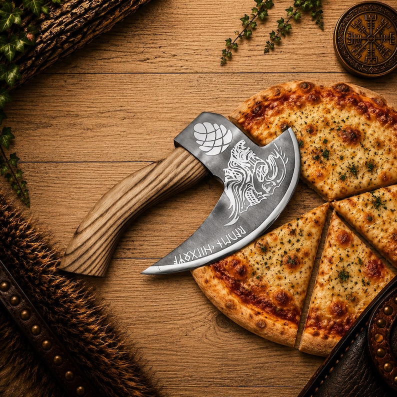 K&ouml;nnte beinhalten: Ein Pizzaschneider in Form einer kleinen Axt mit geschwungenem Holzgriff und Metallklinge. Die Klinge ist mit einem Totenkopf, einem Tannenzapfen und Runenschrift graviert. Der Schneider liegt neben mehreren St&uuml;cken K&auml;sepizza auf dem Tisch.