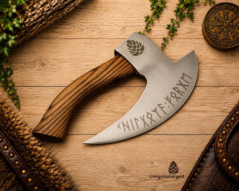 K&ouml;nnte beinhalten: Ein Handbeil mit einem geschwungenen Holzgriff und einer breiten, silberfarbenen Metallklinge. Die Klinge zeigt ein eingraviertes Tannenzapfen-Symbol und eine Zeile mit Runenschrift. Der Text ChilgozaForged und ein Tannenzapfen-Logo stehen unten.