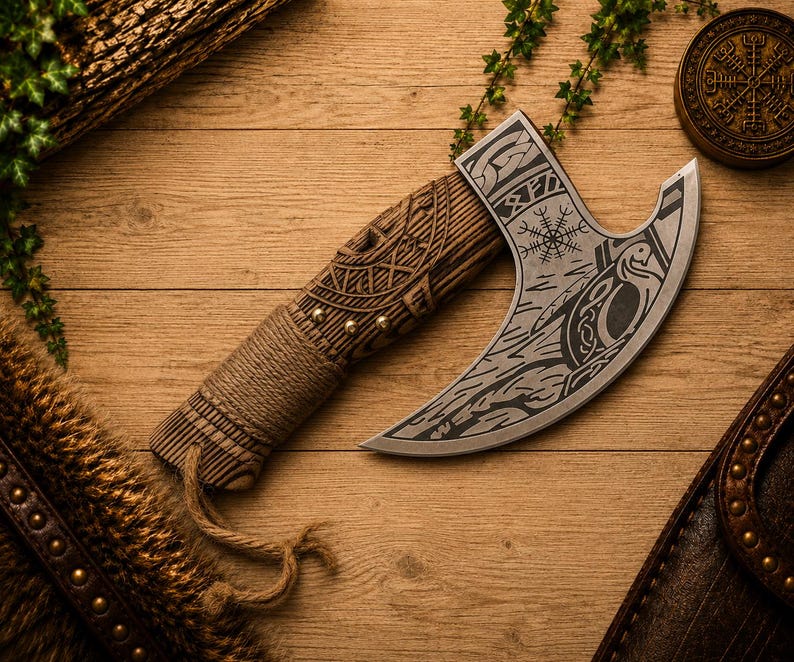 K&ouml;nnte beinhalten: Eine Handaxt mit einer geschwungenen Metallklinge, die mit nordisch inspirierten Mustern und einem Vegvisir-Symbol graviert ist. Der Griff besteht aus geschnitztem Holz mit komplexen Knotenmustern und ist mit einer Naturfaserkordel umwickelt.