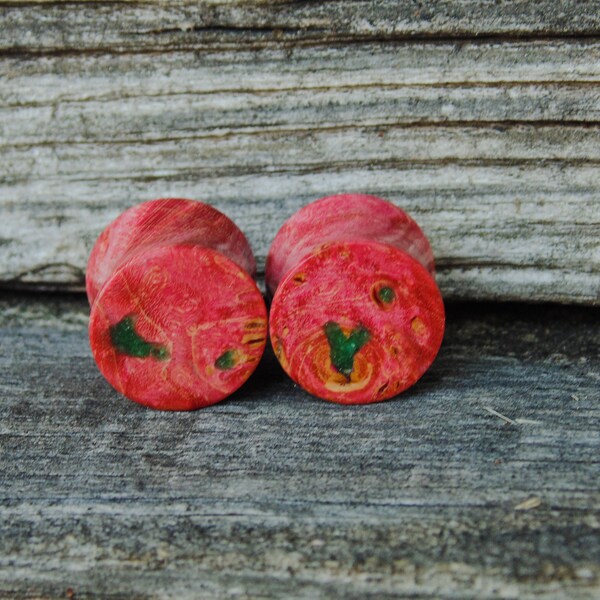 14mm Pink Box Elder burl gauges Fuchsite stone inlay, Dyed stabilized burl wood 9/16" gauge plugs. Crafted by hand!