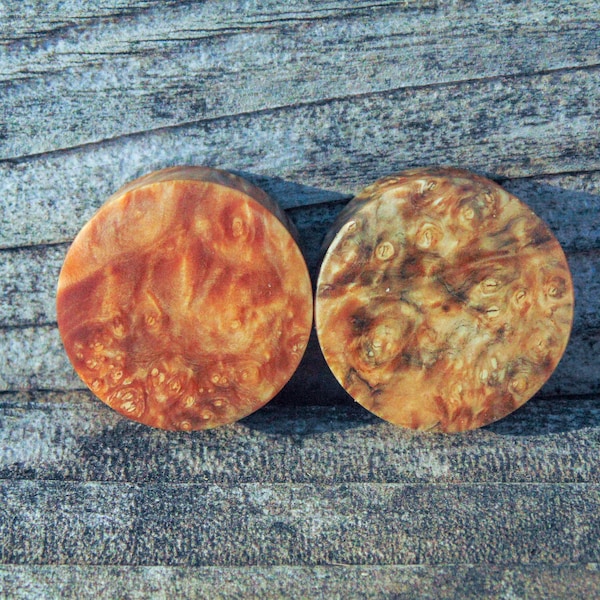 25mm Box Elder Burl ear plugs, slight charcoal pigment. 1" hand turned stabilized wooden gauges. Burlwood body jewelry.