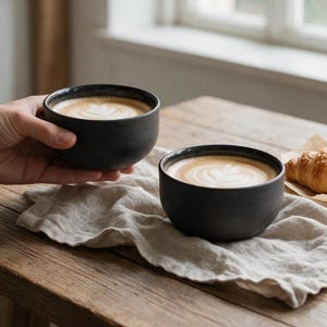 Könnte beinhalten: Zwei mattschwarze Keramikschalen gefüllt mit Kaffee und weißer Latte-Art. Die Schalen haben ein abgerundetes, henkelloses Design mit einer strukturierten Außenfläche. Jede Schale enthält ein cremiges Getränk mit einem blattförmigen Schaummuster.