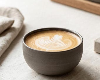 Tazza Flat White, in ceramica grigia e nera, realizzata a mano in Germania, capacità 180 ml.