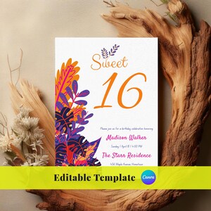 Sweet Sixteen Birthday Invitation, Maximalist 16th Birthday Invite, Poppy multicolored floral Invitation Printable Editable templatedownload