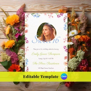 Editable Sweet 16 Floral elegant Birthday Invitation 16th Birthday Invite Template Sixteen Birthday Party Floral Digital Download Printable