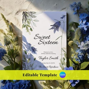 Editable Sweet 16 Floral elegant Birthday Invitation 16th Birthday Invite Template Sixteen Birthday Party Floral Digital Download Printable