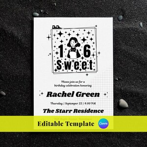 Editable Sweet Sixteen Birthday Invitation 16 Birthday Invite Template Sixteenth Birthday Party Minimalist Black And White Digital Download