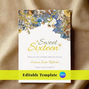 Sweet Sixteen Birthday Invitation, Elegant 16th Birthday Invite, multicolored floral Invitation template Printable Editable templatedownload