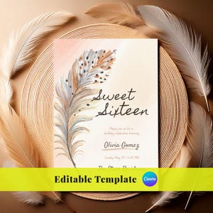 Editable Sweet 16 Feather elegant Birthday Invitation 16 Birthday Invite Template Sixteen Birthday Party elegant Digital Download Printable