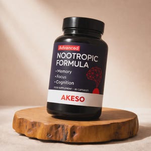 Może przedstawiać: Czarna butelka z suplementem z napisem "Advanced NOOTROPIC FORMULA" i "AKESO" na drewnianej podstawce. Etykieta zawiera "Pamięć, Koncentracja, Poznanie", a butelka zawiera 60 kapsułek. Tło jest neutralne beżowe.