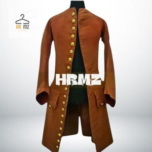 May include: A brown long coat with gold buttons. The coat has a high collar and a long, flowing skirt. The coat is made of a soft, luxurious fabric.