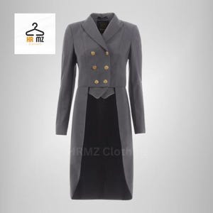 May include: A grey tailcoat with gold buttons. The tailcoat has a long, pointed back and a double-breasted front.