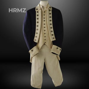 May include: A navy blue military jacket with white trim and gold buttons. The jacket is worn over a white vest and white pants.