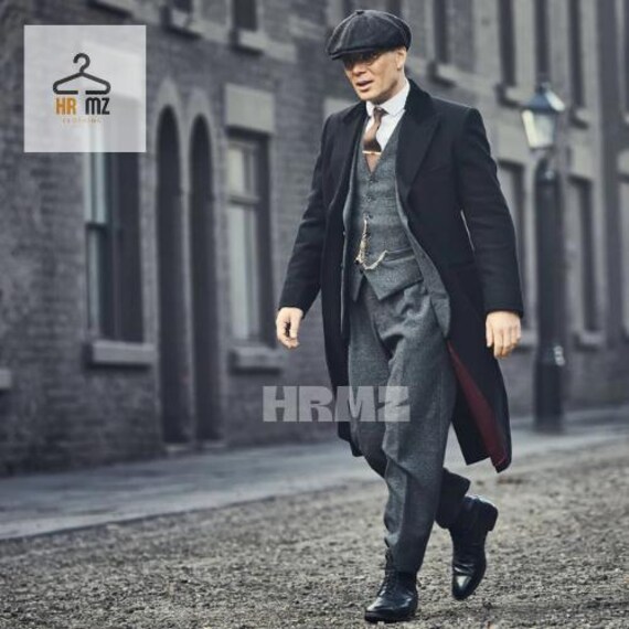 Mens 3/4 Long Grey Overcoat Jacket Herringbone Tweed Coat Peaky