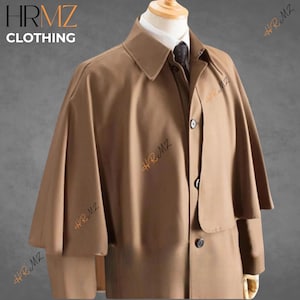 Manteau cape Inverness victorien pour homme nouvelle édition - Manteau Herrenmantel Garrick Coachmen - Pardessus coupe slim en laine beige/gris - Manteau pour tenue de soirée