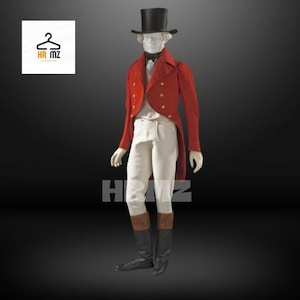 May include: A red and white formal jacket with a black top hat. The jacket has gold buttons and a long tail. The person is wearing white trousers and black boots.