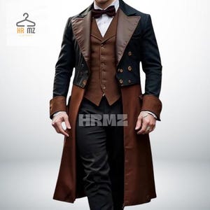 May include: A brown and black long coat with a high collar and a brown vest underneath. The coat has a double-breasted closure and gold buttons. The vest has a brown and black pattern.