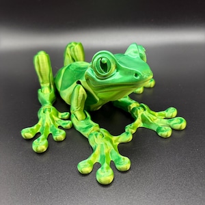 May include: A 3D-printed articulated frog figurine in shades of green and yellow. The frog has large eyes, a wide mouth, and detailed feet. The frog is posed on a dark surface.