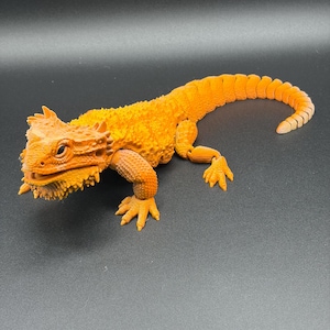 May include: A bright orange articulated lizard figurine with a textured, spiky surface. The lizard features a detailed head with visible eyes and mouth, along with a segmented, flexible tail and movable limbs, capturing the appearance of a bearded dragon.