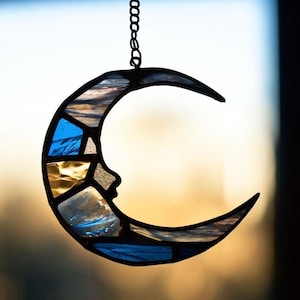 Stained Glass Crescent Moon Suncatcher: Celestial Window Decor
