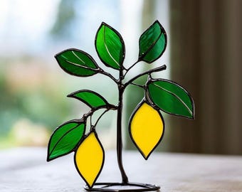 Stained Glass Lemon Branch Suncatcher: Vibrant Kitchen Window Decor