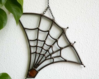 Handcrafted Stained Glass Spider Web corner Suncatcher: Halloween Window Decor
